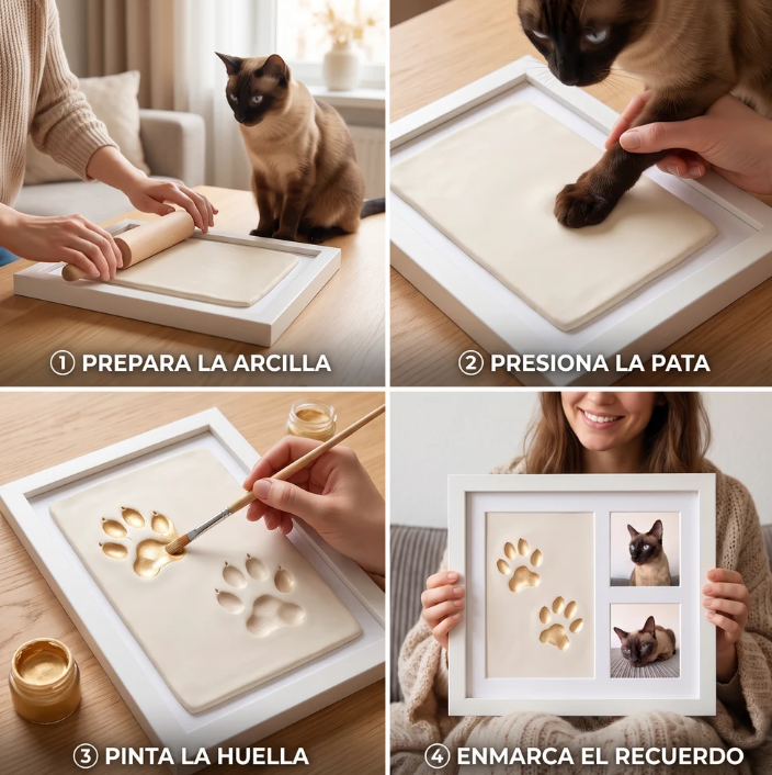 Los 4 pasos para crear la huella: preparar la arcilla, marcar la huella, pintar y enmarcar
