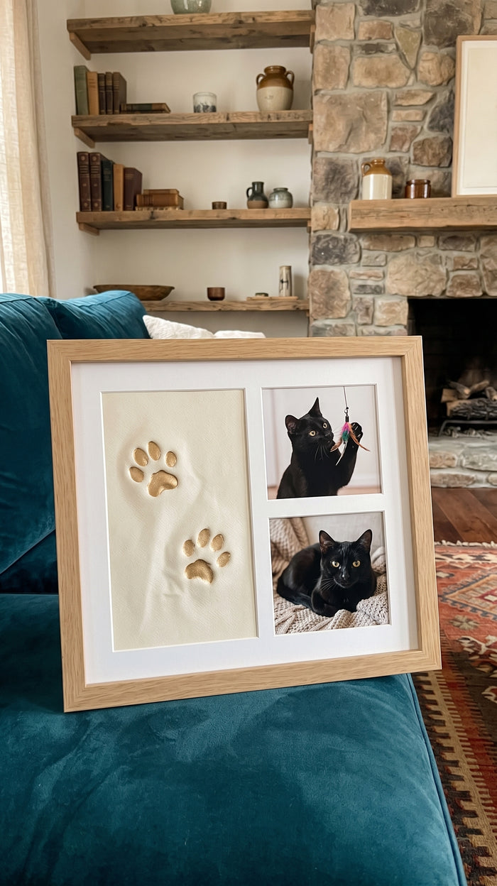 Marco con huella de gato negro junto a la chimenea
